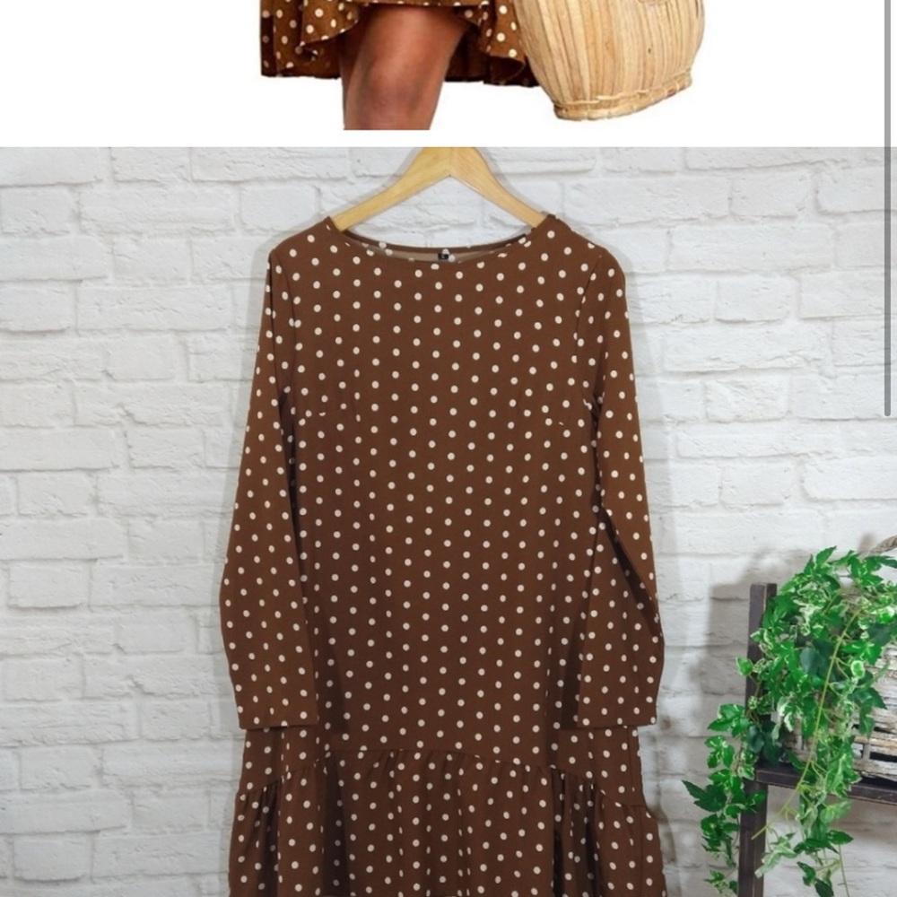 Brown Bishop Sleeve Sundress with Crew Neck